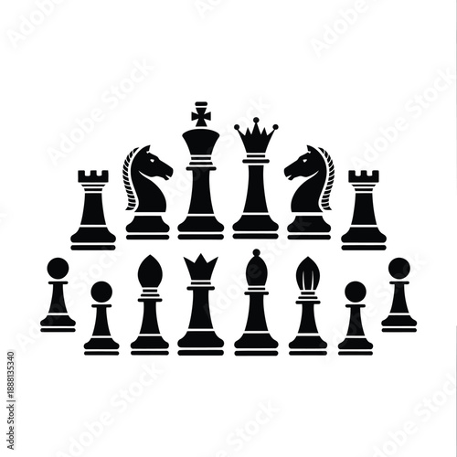 Black chess pieces arranged in two rows on a white background
