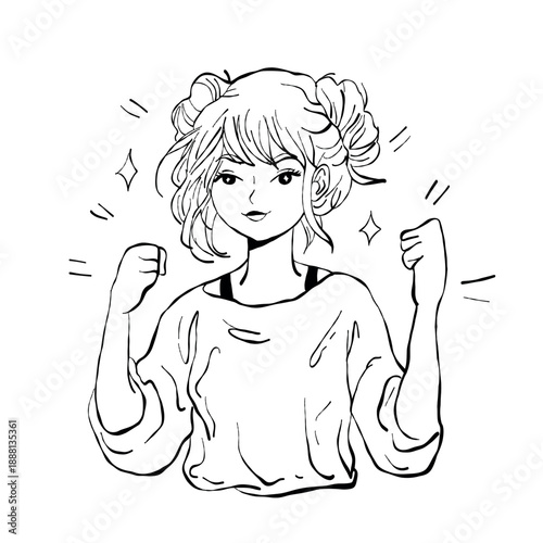 A cheerful anime-style girl with fists raised in excitement surrounded by stars. Vector illustration in contour style conveys victory, happiness, motivation and achievements.