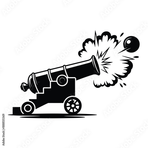 Black and white illustration of a cannon firing a cannonball explosively
