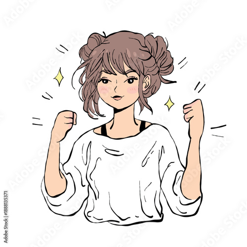 A cheerful anime-style girl with fists raised in excitement surrounded by stars. Vector illustration conveys victory, happiness, motivation and achievements.