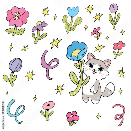 Vector collection of adorable stickers featuring a cute gray and white cat holding a flower in its paws against a background of flowers and stars. Charming facial expressions with tongue sticking out 