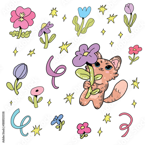 Vector collection of adorable stickers featuring a cute red cat holding a flower in its paws on a background of flowers and stars. Charming facial expressions create a cozy mood.