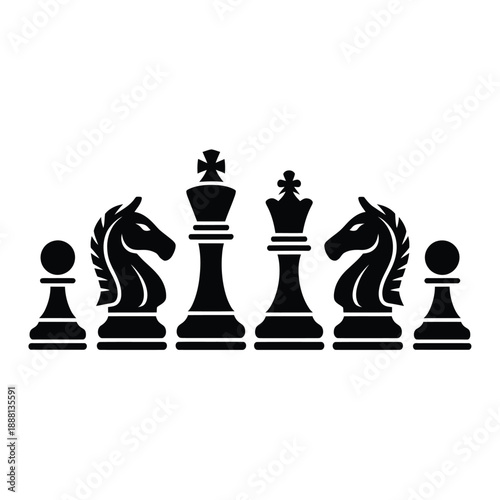 A black chess lineup featuring a king queen knights and pawns