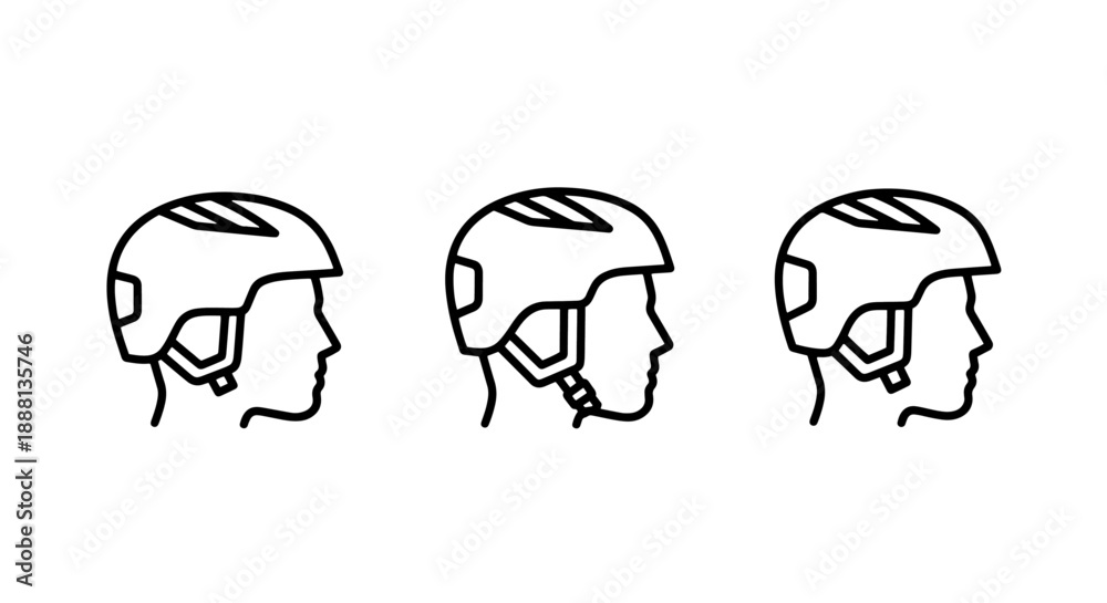 Obraz premium Profile view outline icons of a human head wearing a helmet, representing safety, protection, and sports equipment.