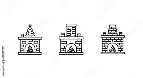 Vector Icons of Cozy Fireplaces: Traditional, Modern, and Christmas Decorated Hearth Designs