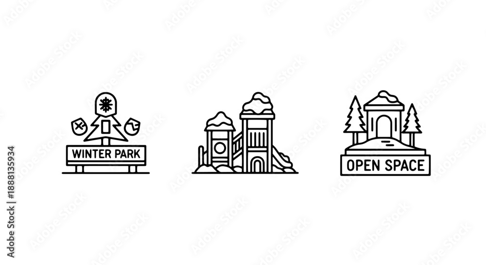 Obraz premium Three line art icons representing winter park elements: a bench with snowflake, a playground structure, and a pavilion in a forest.