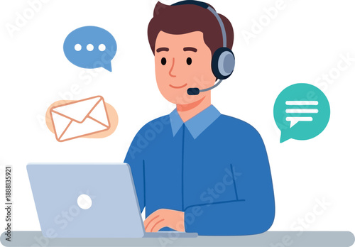 Customer support agent working at desk with headset and laptop
