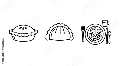 Three line art icons representing baked goods: a pie with crust, a filled pastry, and a plate with food and cutlery.