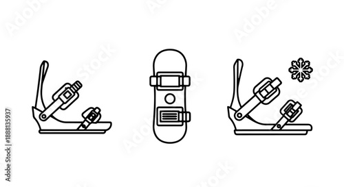 Set of three line art icons for snowboarding: bindings, a snowboard, and bindings attached to a snowboard, for winter sports enthusiasts.