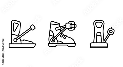 Ski equipment icons: ski binding, ski boot with binding, and ski pole with binding mechanism.