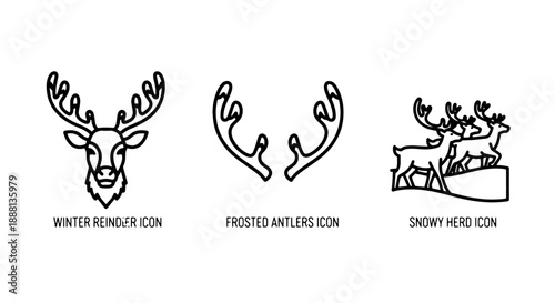 Winter wildlife icons: reindeer head, stylized antlers, and herd of deer on snowy ground.