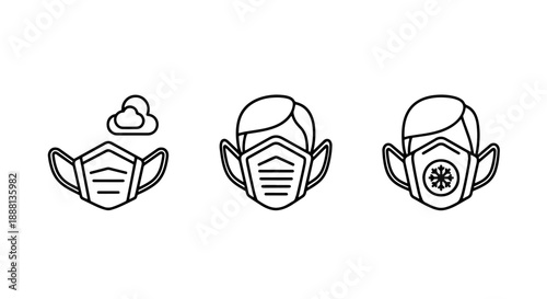 Face mask icons: protective masks with cloud, star, and snowflake symbols for air pollution or sickness.