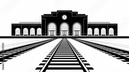 Black and white train station illustration with clock