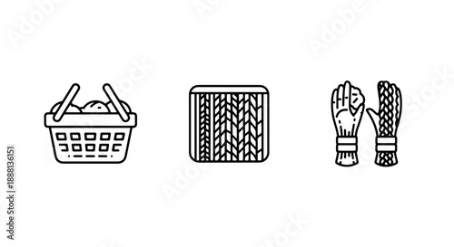 Line Art Icons: Woven Basket with Apples, Knitted Fabric, and Mittens
