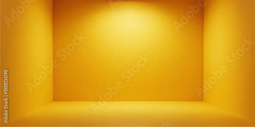 An empty gold frame hangs on a blank wall in a 3d interior room gallery, creating a minimalist art exhibition space with golden light and wood floor decoration