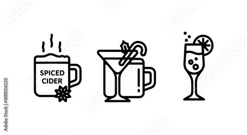 Festive drink icons: steaming spiced cider mug, cocktail with candy cane, and champagne glass, for holiday cheer.
