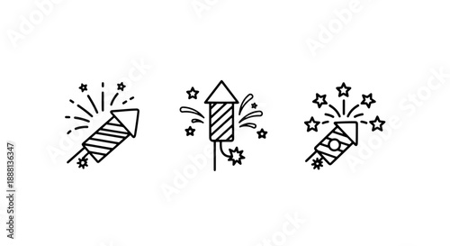 Firework icons showing exploding rockets with stars and sparks, perfect for celebrating New Year's Eve and special events.