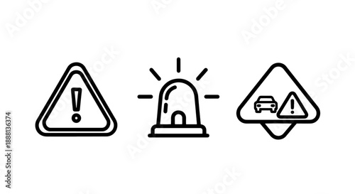 Warning and alert icons: exclamation mark in triangle, siren light, and car hazard sign