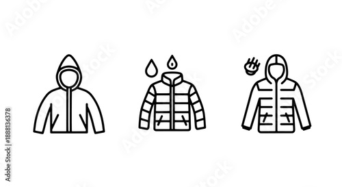 Outerwear icons: hooded jacket, puffer jacket with water drops, and waterproof hooded coat
