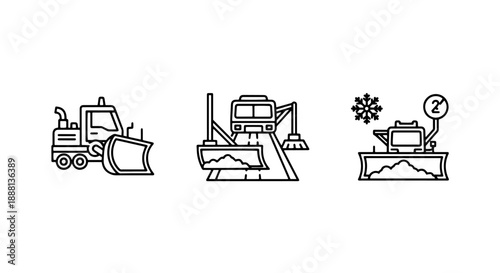 Snow removal equipment icons: bulldozer, plow truck, and snow blower, outline illustration