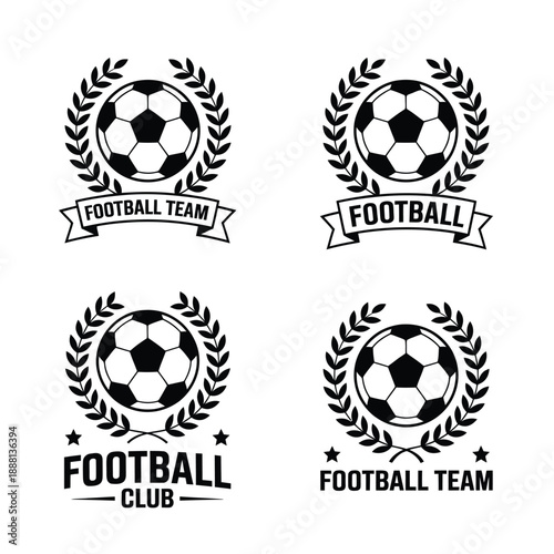 Four monochrome soccer emblems featuring balls and laurel wreaths