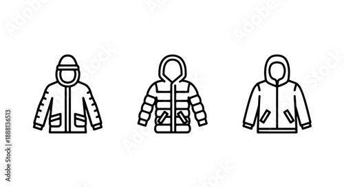 Outerwear icons: hooded jacket with zipper, padded jacket, and parka, line art for winter clothing and fashion.