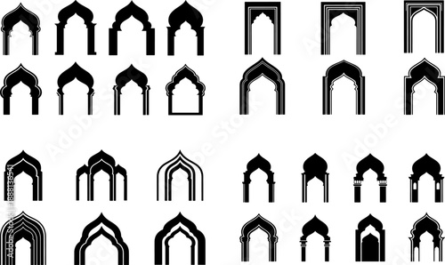 Comprehensive Collection of 24 Islamic Arch Silhouettes featuring Traditional Mosque Entrances Decorative Mehrab Frames and Arabic Doorway Windows for Graphic Design