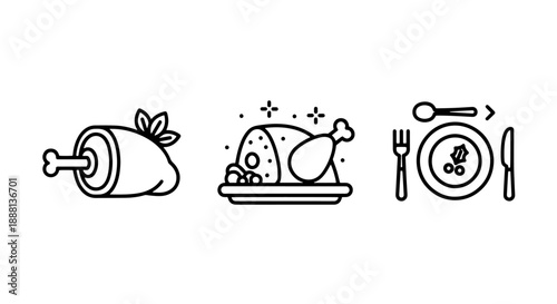 Dinner Icons: Roast Ham, Turkey with Garnish, and Place Setting