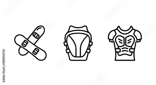 Winter Sports Gear Icons: Snowboards, Knee Pads, and Protective Vest