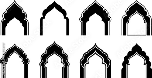 Set of 8 Ornate Islamic Arch Silhouettes with Decorative Layered Outlines and Traditional Arabic Mehrab Designs for Luxury Ramadan and Eid Graphics