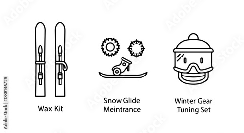 Ski and Snowboard Maintenance Icons: Wax Kit, Tune-up Tools, and Goggles