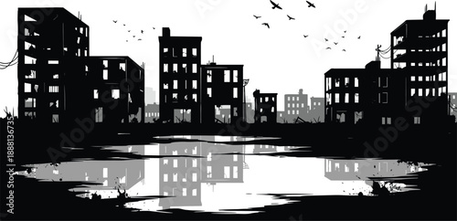 Abandoned urban city silhouette with ruined buildings, water reflection, flying birds, post apocalyptic skyline illustration in black and white style