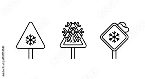 Winter weather warning icons: snowflake on triangular sign, ornate snowflake, and cloud with snowflake on square sign