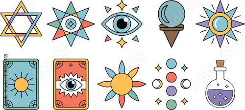 Assortment of ten vector mystical symbols including suns moons crystal balls and geometric shapes