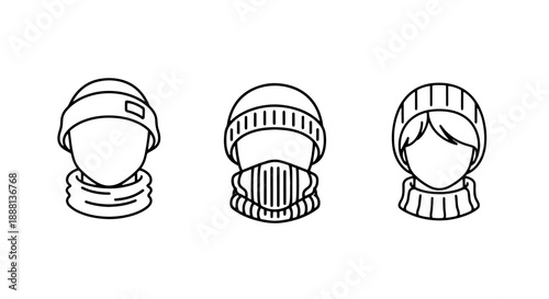 Collection of outline icons for winter headwear: beanie, face mask, and knitted hat with scarf