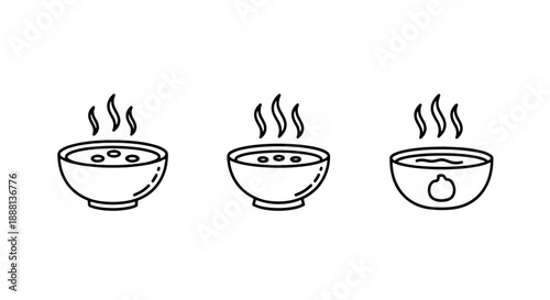Collection of three steaming bowls of soup, representing warm and hearty meals