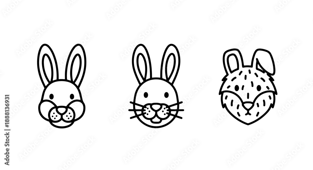 Obraz premium Cute line art portraits of animal faces: two bunnies and a fox, suitable for children's themes or nature designs.