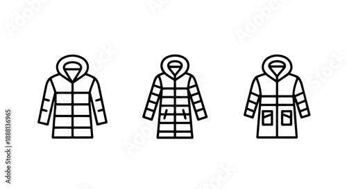 Outline icons of padded jackets and coats, featuring hoods and pockets, for warm winter clothing and outdoor activities.