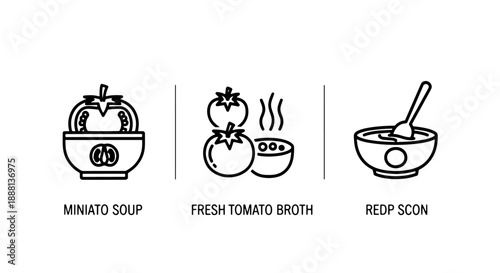 Simple line icons of tomato soup, fresh tomato broth, and tomato bisque for healthy food and recipe concepts.