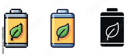 Eco-friendly battery icons: pixel, flat, and silhouette styles