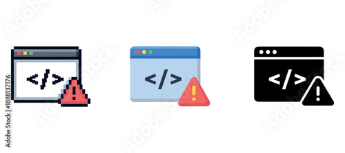 Warning icons with code symbols in diverse styles