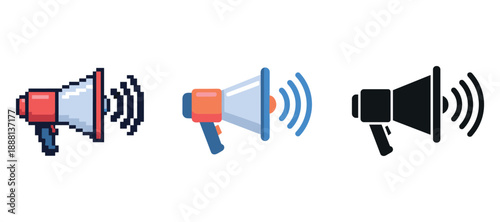 Colorful megaphone icons in pixel art, flat, and silhouette styles