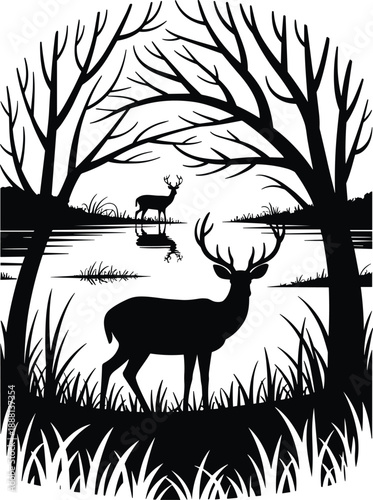 A serene black silhouette of a large stag drinking from a tranquil lake with another deer in the background, framed by tall grass and bare trees