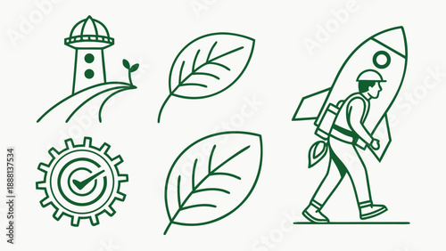 Collection of green line icons shows a lighthouse, gears, leaves, and an astronaut with a rocket backpack walking.