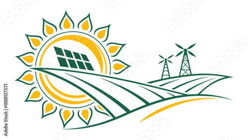 Stylized sun surrounds solar panels and wind turbines positioned over rolling agricultural fields indicating green energy farming.