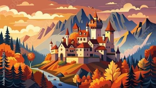 Very beautiful panoramic view of Bran Castle in autumn shows medieval stone towers rising above colorful Transylvanian forests, creating a dramatic seasonal landscape and one of Romania’s most iconic 