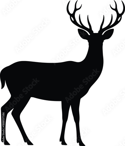 A striking black silhouette of a deer with branching antlers standing gracefully on a plain white background, showcasing its form
