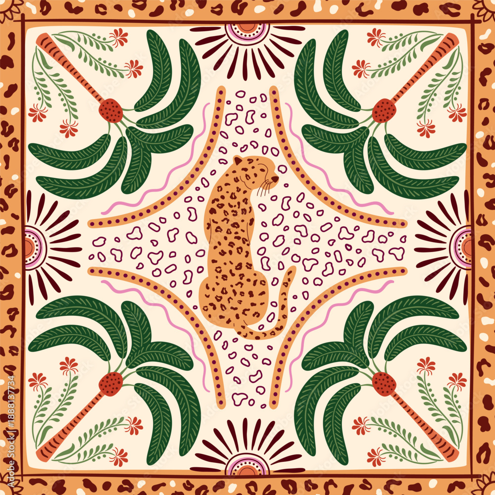 Fototapeta premium Tropical tile, scarf, square seamless pattern with palm tree, leopard, sun, jaguar skin spots, geometric elements. Hand drawn summer beach print, jungle textile design, vector repeat background