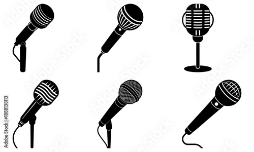 Five Different Microphone Silhouettes on White Background microphones black