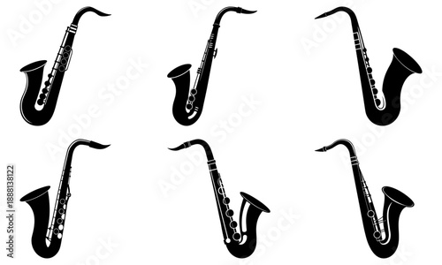 Five Black Saxophones Silhouettes on White Background musical instrument